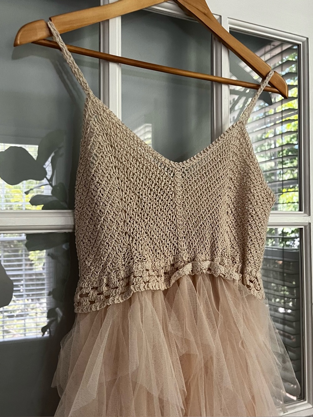 Sleeveless Crochet Bodice Tulle Midi Dress in Beige - Picture 2 of 9